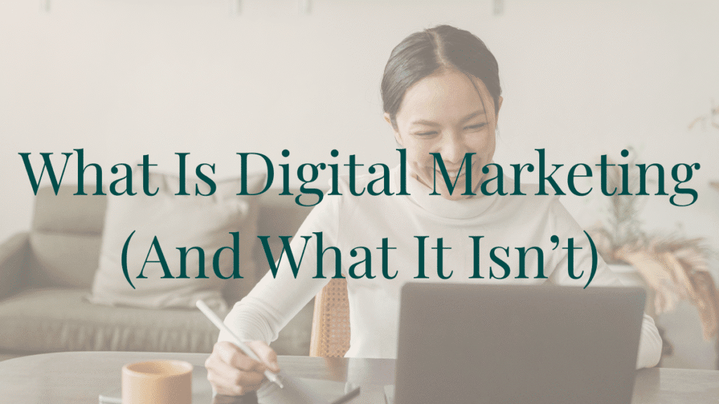 Middle-aged woman learning digital marketing at home on her laptop