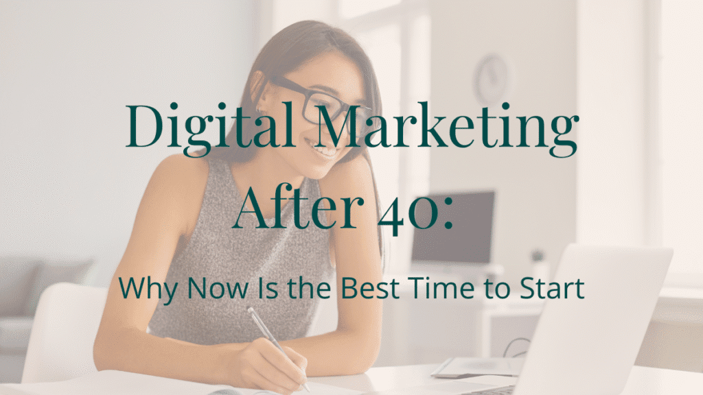 A confident woman over 40 working on her laptop in a cozy home office, representing success in digital marketing later in life.