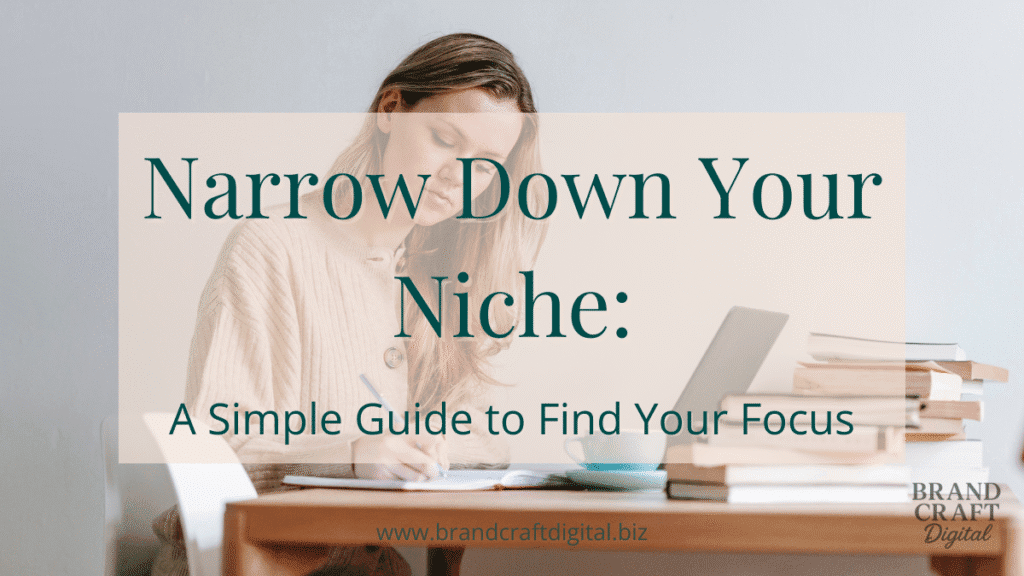 Woman writing niche ideas in a notebook with a laptop and coffee mug nearby.