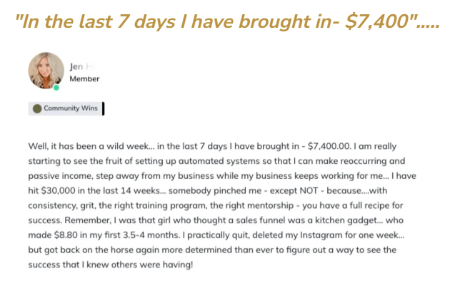 Screenshot showing a message from a course student who had a successful week.