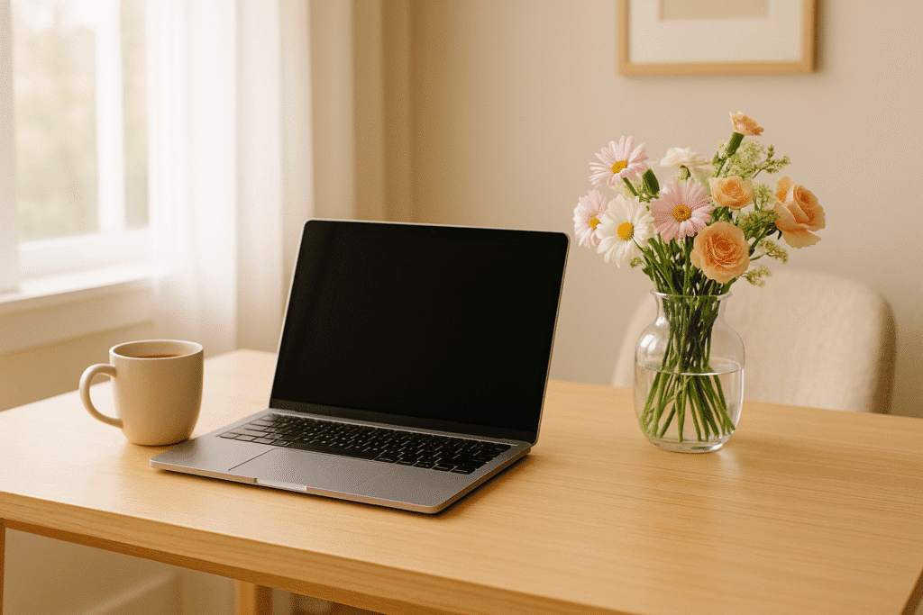 Woman working from home at a cozy desk with laptop and coffee.